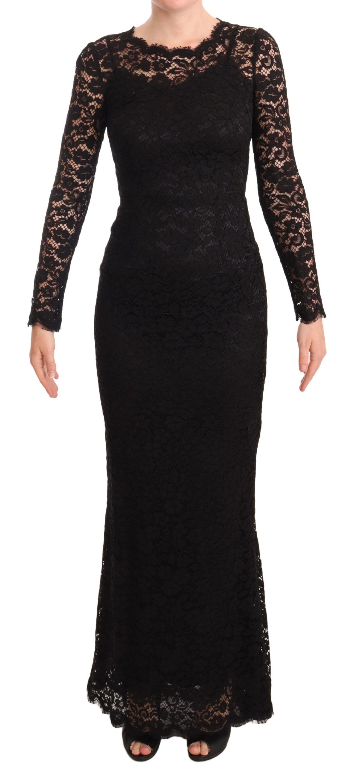 Robe longue sirène en coton noir avec dentelle, manches longues, conçue par Dolce & Gabbana.