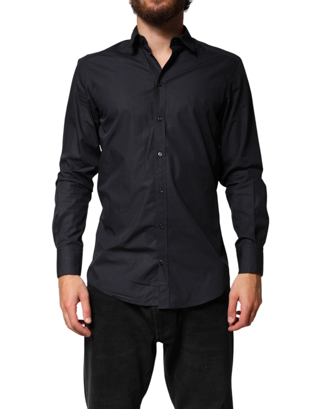 Robe noire en coton à manches longues de la marque Dolce & Gabbana, vêtement formel élégant, vue frontale.