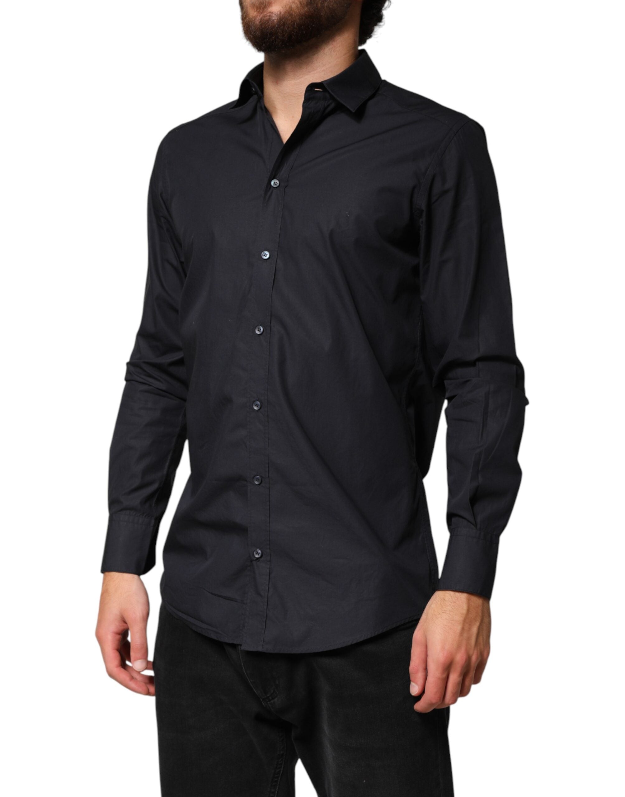 Chemise formelle Dolce & Gabbana en coton noir à manches longues, élégante et sophistiquée, vue de face.