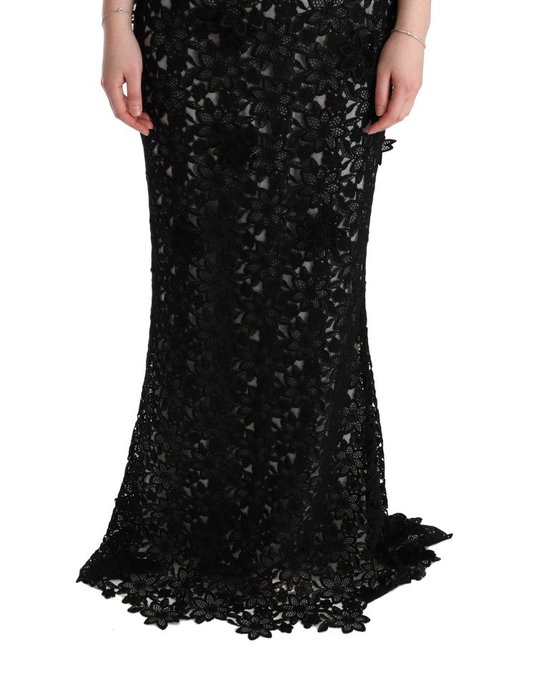 Robe longue en coton et soie noire avec motif floral Dolce & Gabbana, élégante et fluide.