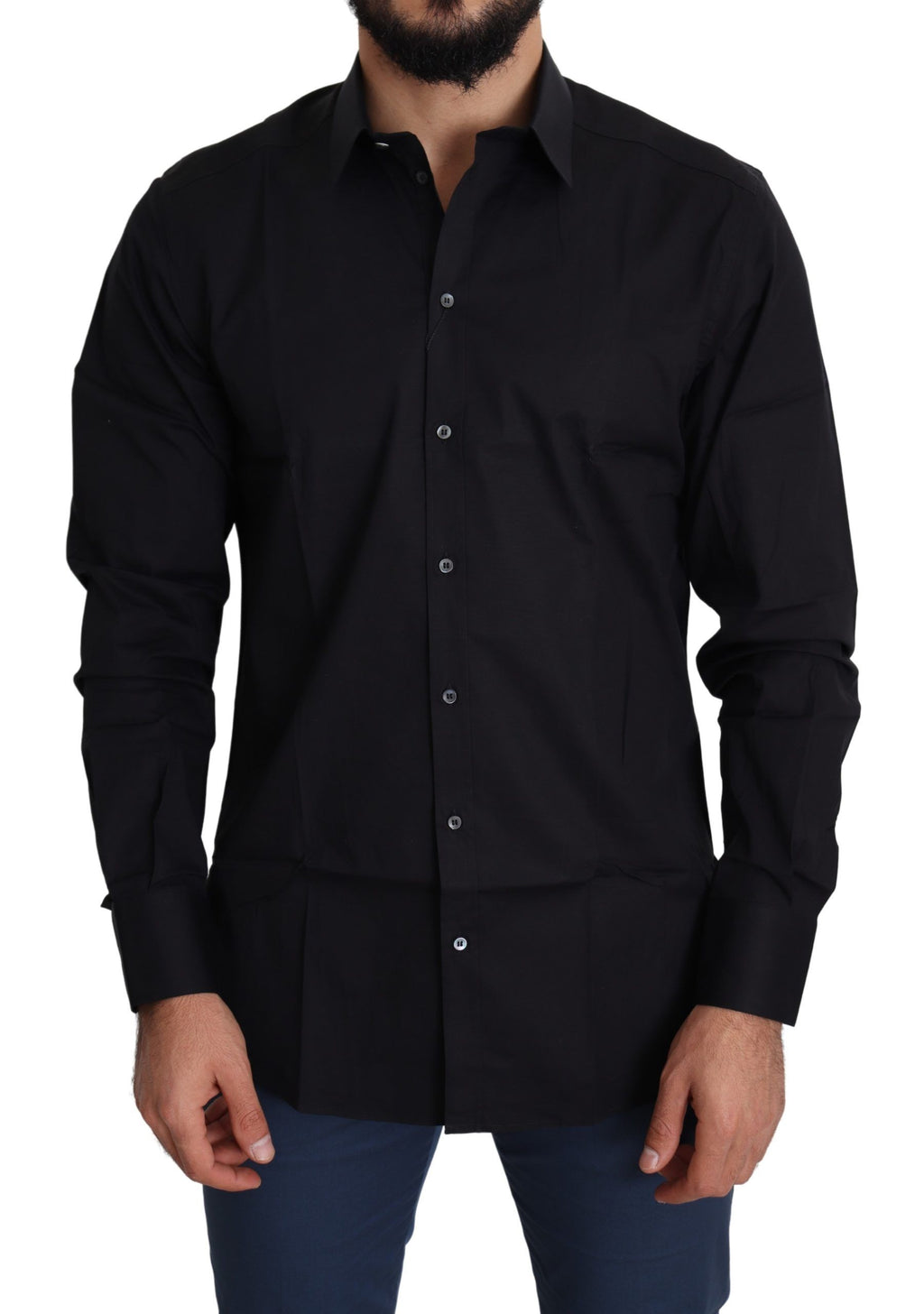 Chemise formelle en coton stretch noire Dolce & Gabbana avec détails dorés, élégante et ajustée.