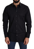Chemise formelle en coton stretch noire Dolce & Gabbana avec détails dorés, élégante et ajustée.