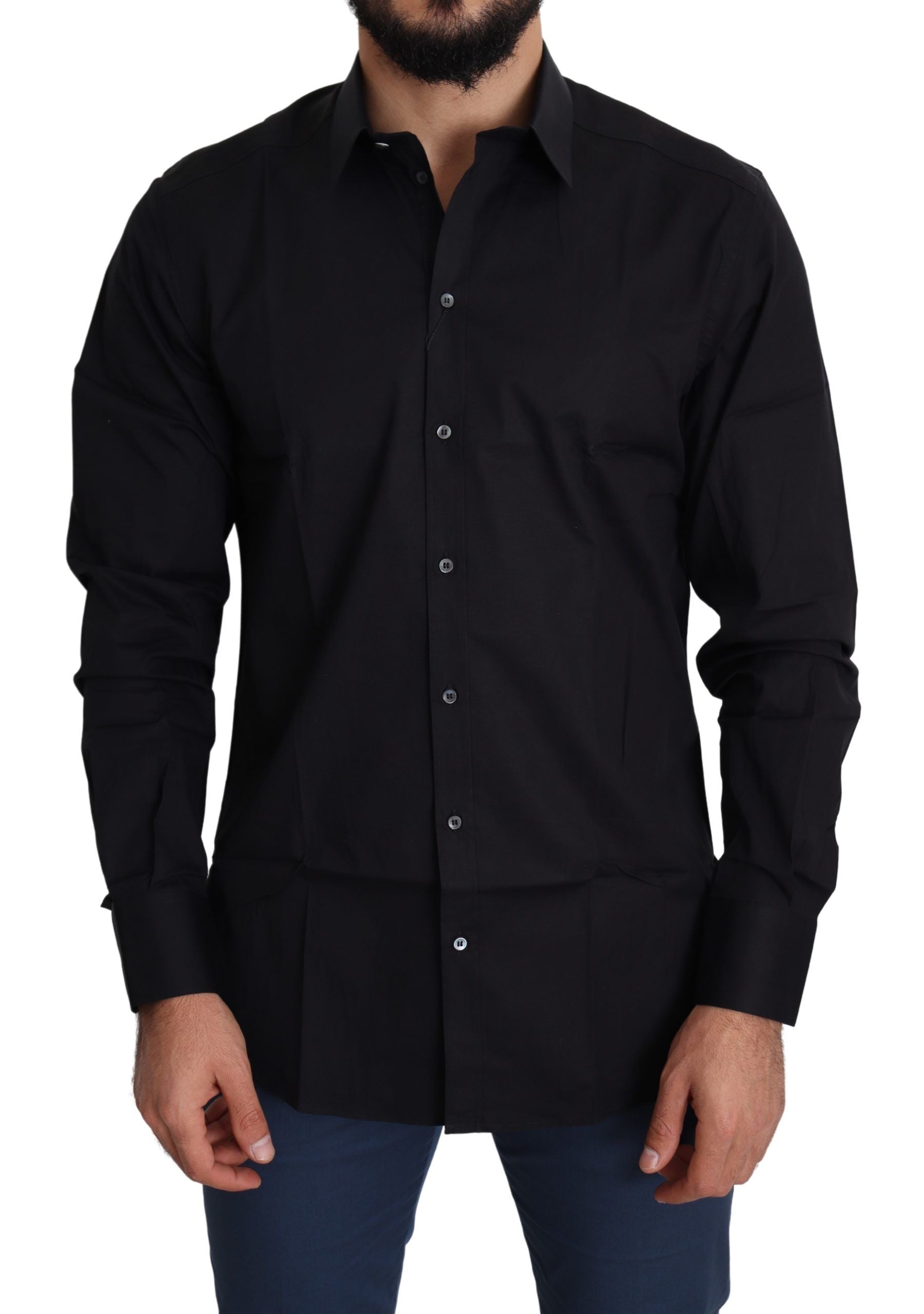 Chemise formelle en coton stretch noire Dolce & Gabbana avec détails dorés, élégante et ajustée.