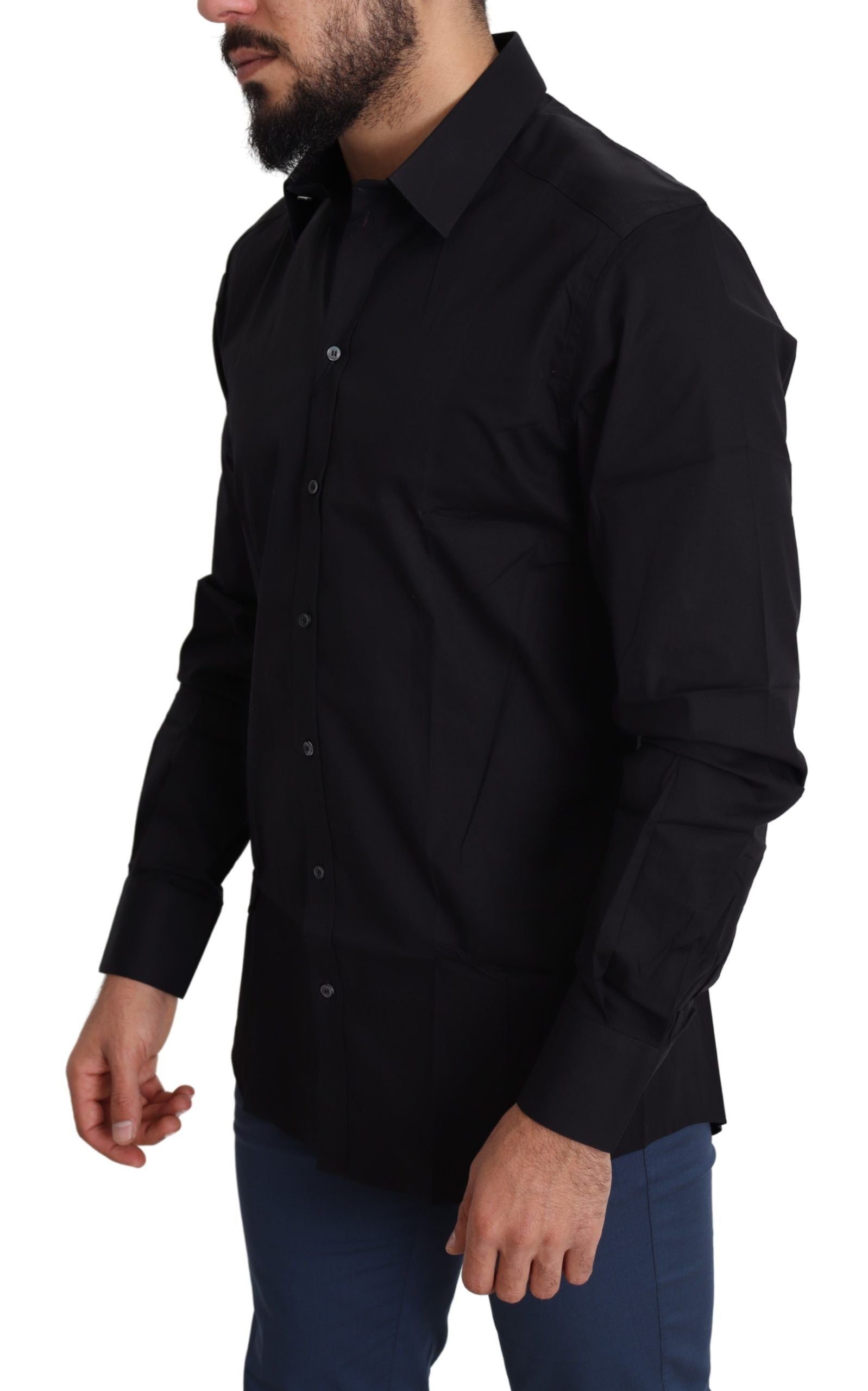 Chemise formelle en coton stretch noir Dolce & Gabbana avec détails dorés, vue de face.