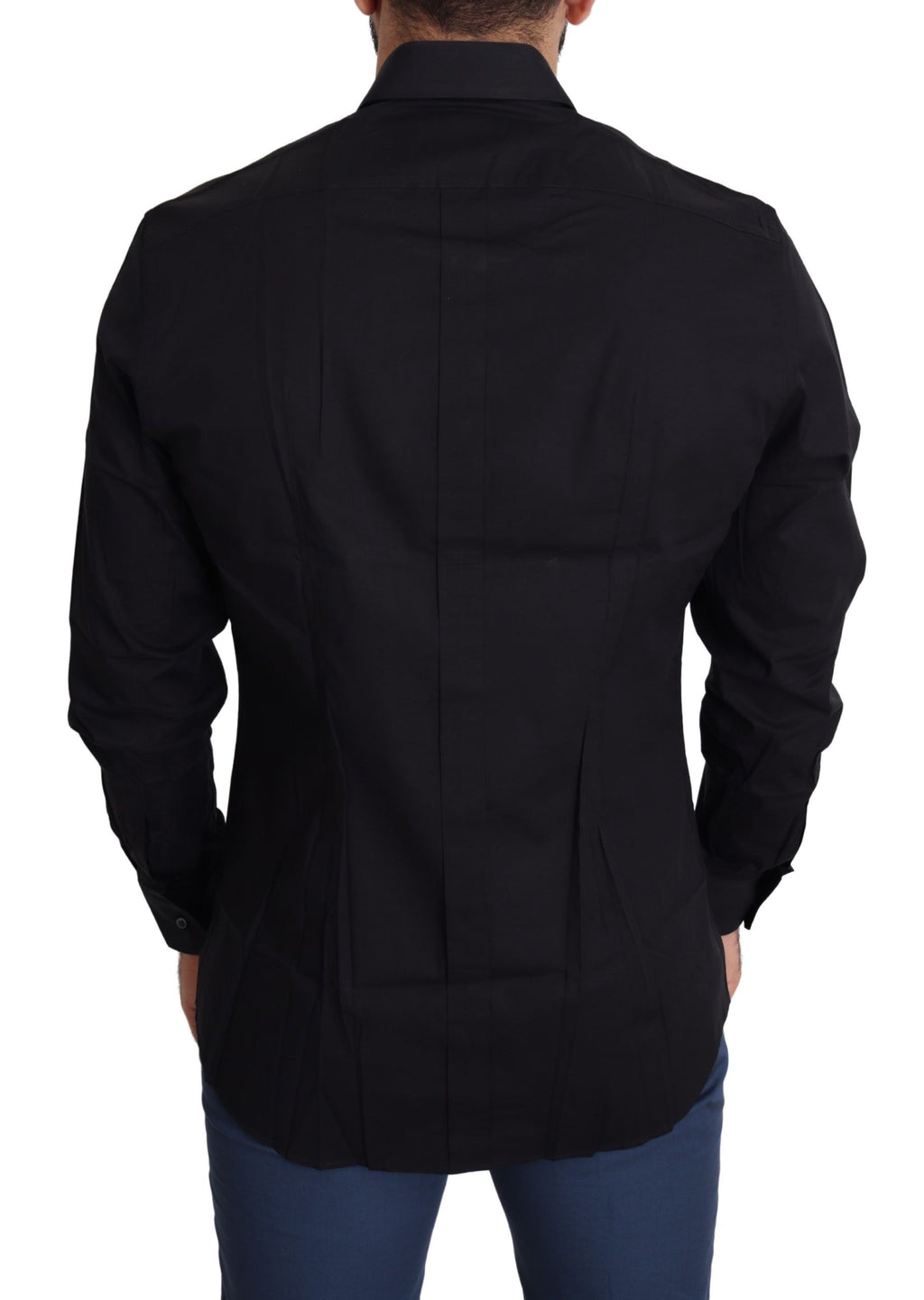 Chemise formelle noire en coton stretch Dolce & Gabbana avec détails dorés, vue de face sur un mannequin.