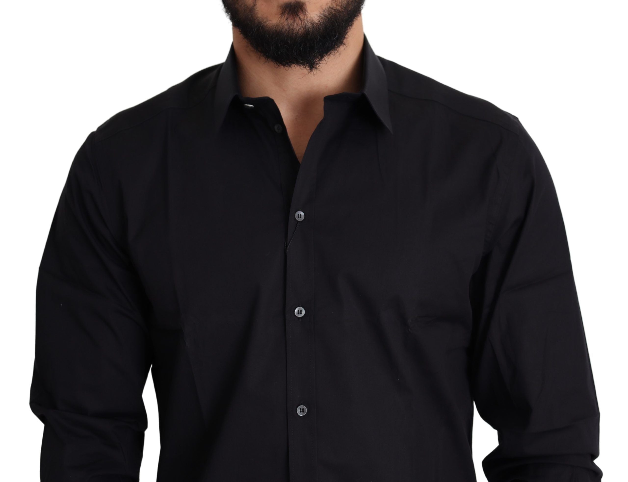 Chemise formelle Dolce & Gabbana noir en coton stretch avec détails dorés, élégante et ajustée pour homme.