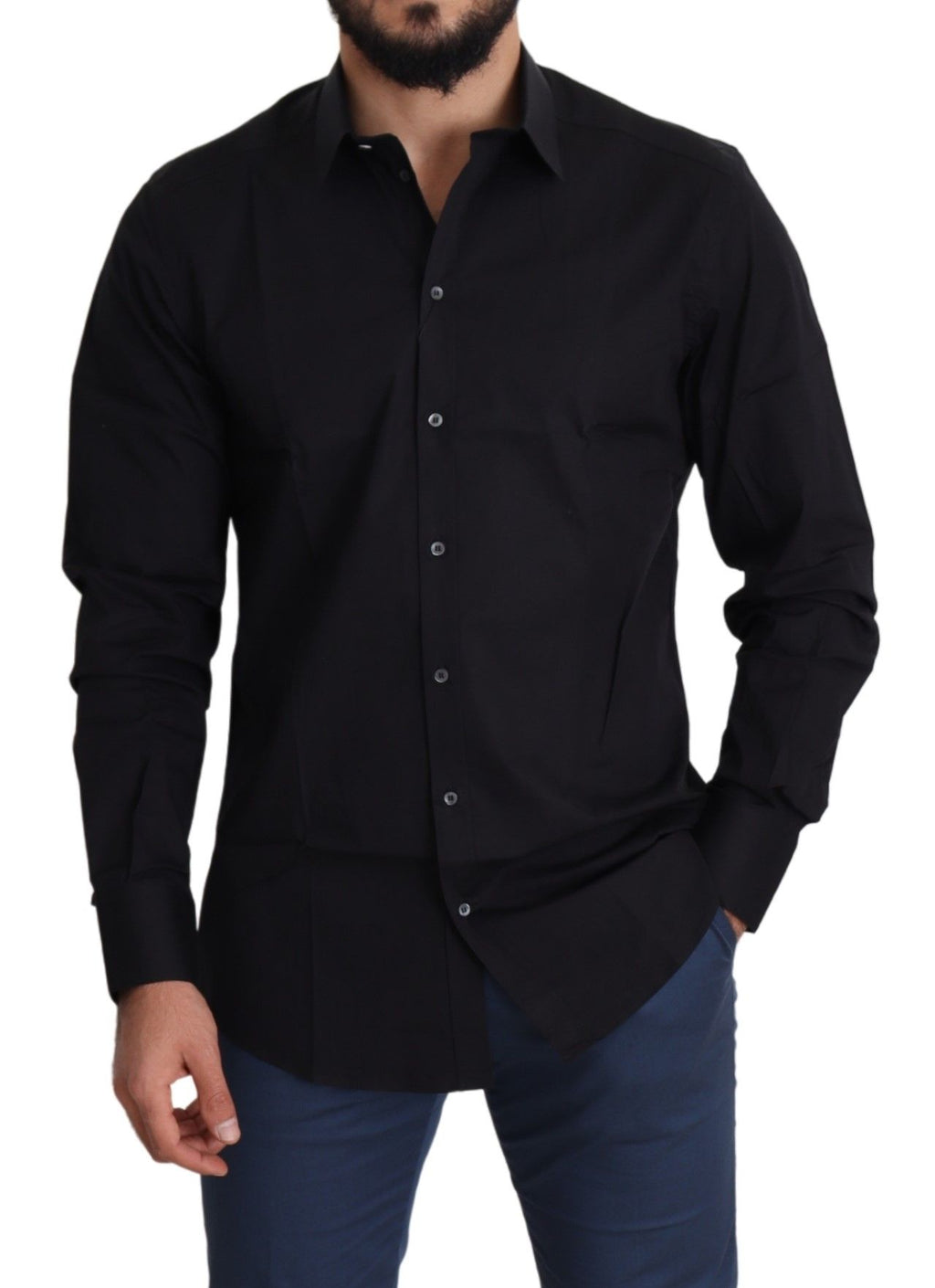 Chemise formelle en coton stretch noir Dolce & Gabbana avec détails dorés, vue de face.