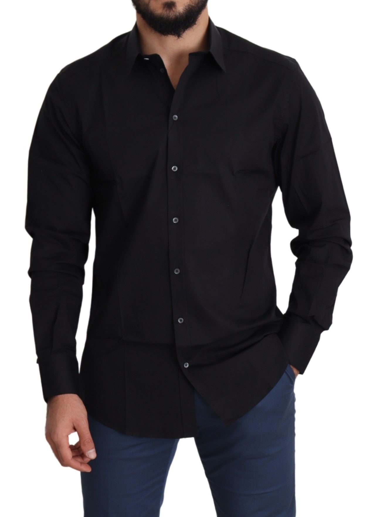 Chemise formelle en coton stretch noir Dolce & Gabbana avec détails dorés, vue de face.