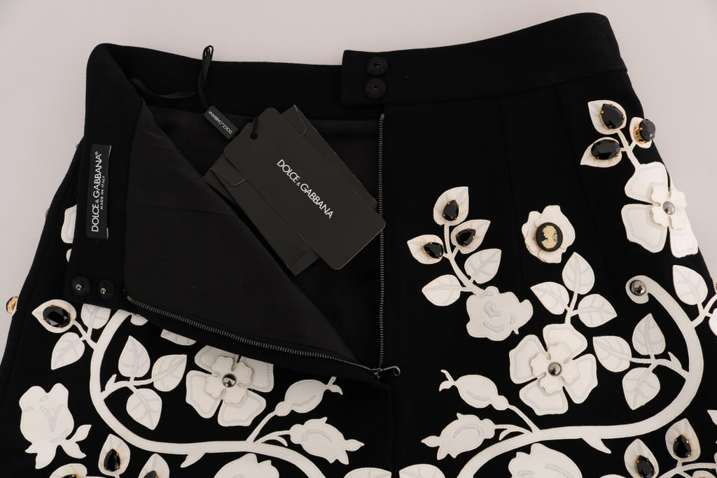 Jupe crayon noire Dolce & Gabbana avec motifs floraux en cristal, style élégant pour femme.