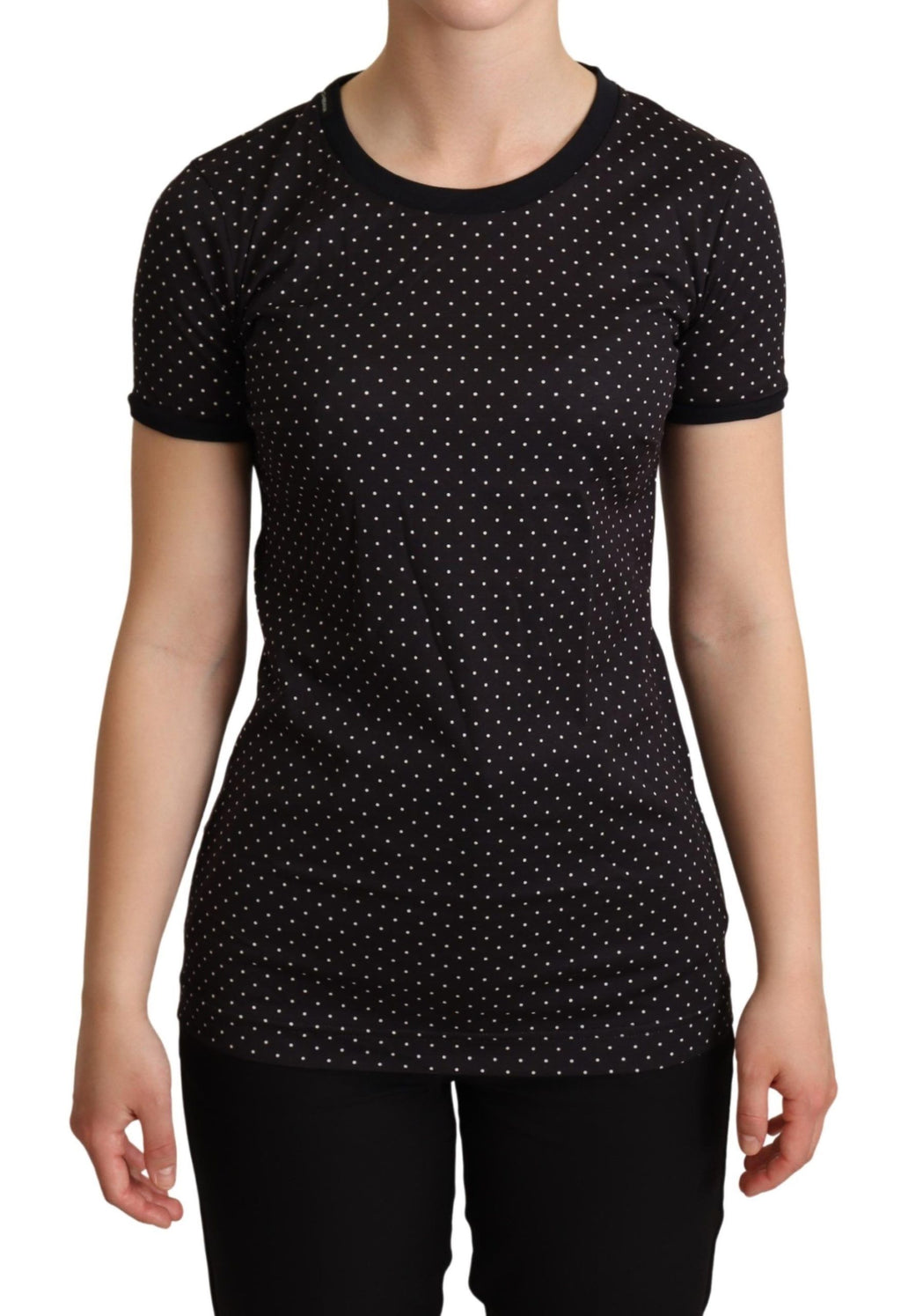 T-shirt en coton noir à pois avec col rond de Dolce & Gabbana, style décontracté et élégant.