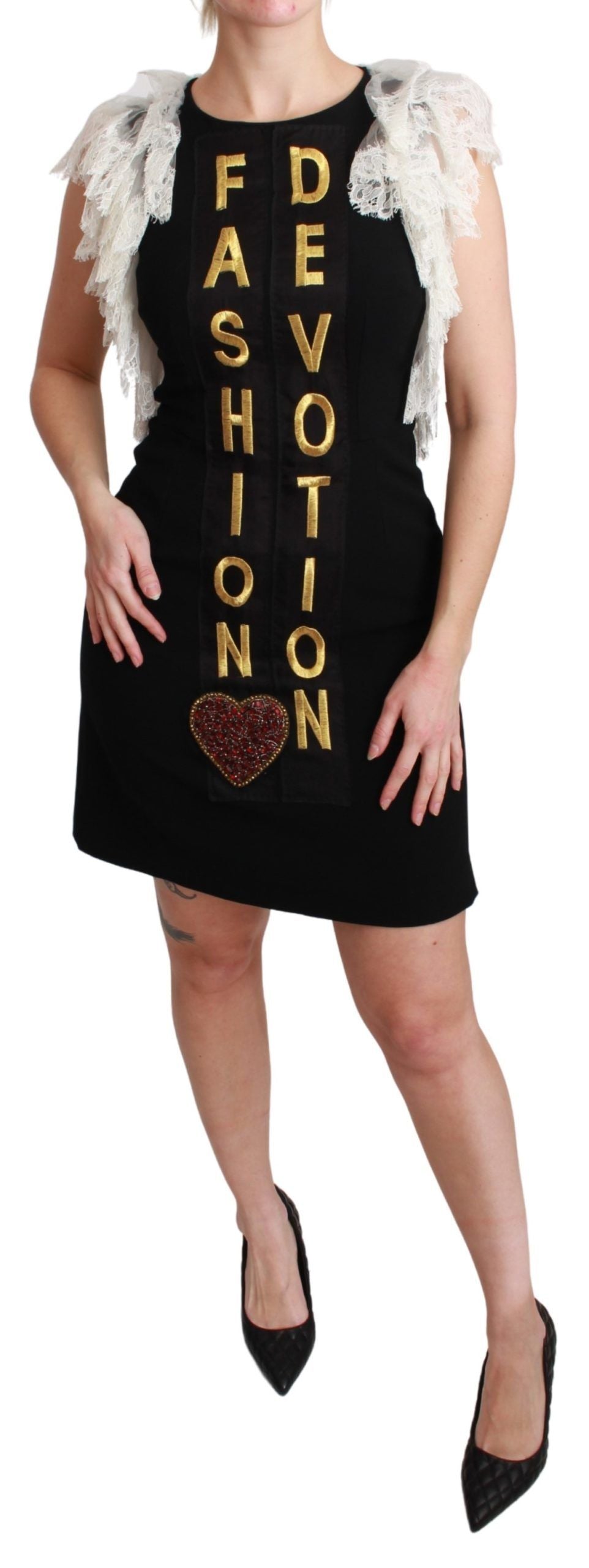 Robe courte noire Dolce & Gabbana Fashion Devotion en tissu élégant, ajustée, avec détails sophistiqués visible sur l'image.