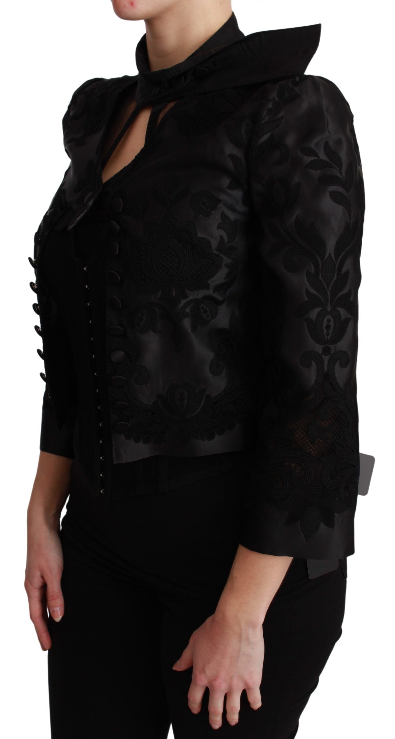 Veste blazer en jacquard floral noir Dolce & Gabbana en soie, élégante et sophistiquée, avec détails texturés et coupe classique.