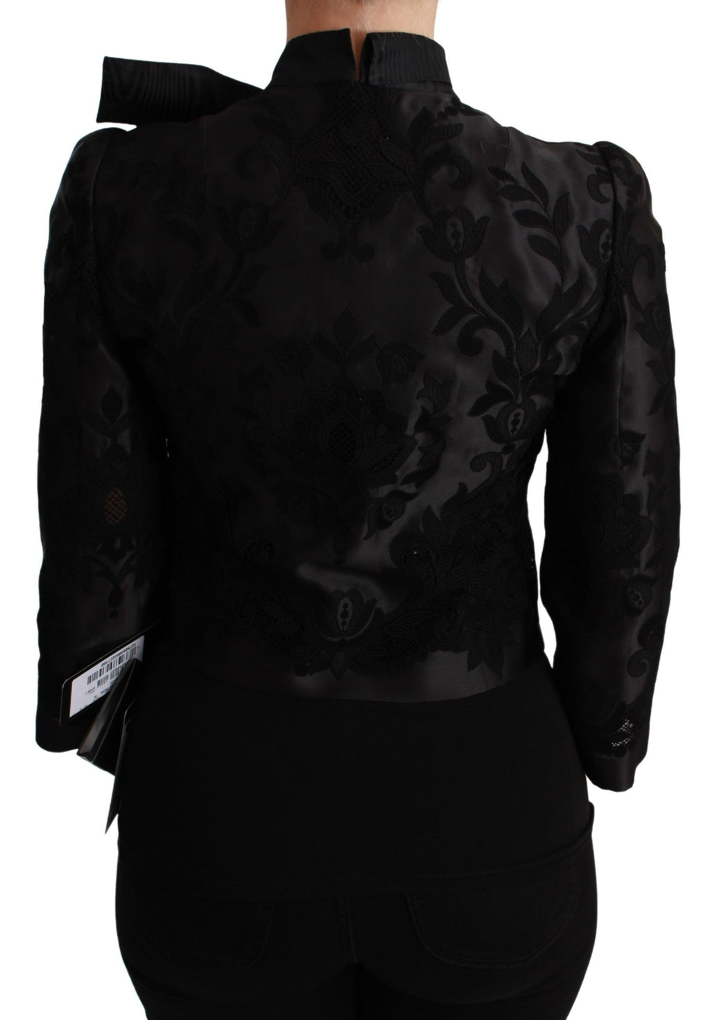 Veste blazer en jacquard floral noir Dolce & Gabbana en soie, élégante et sophistiquée, visible avec détails de tissu.