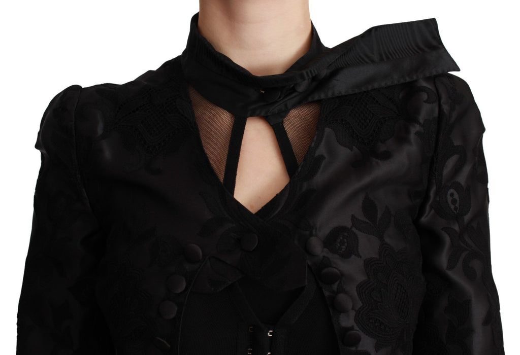 Blazer en jacquard floral noir en soie de Dolce & Gabbana, veste élégante avec motif floral sophistiqué.