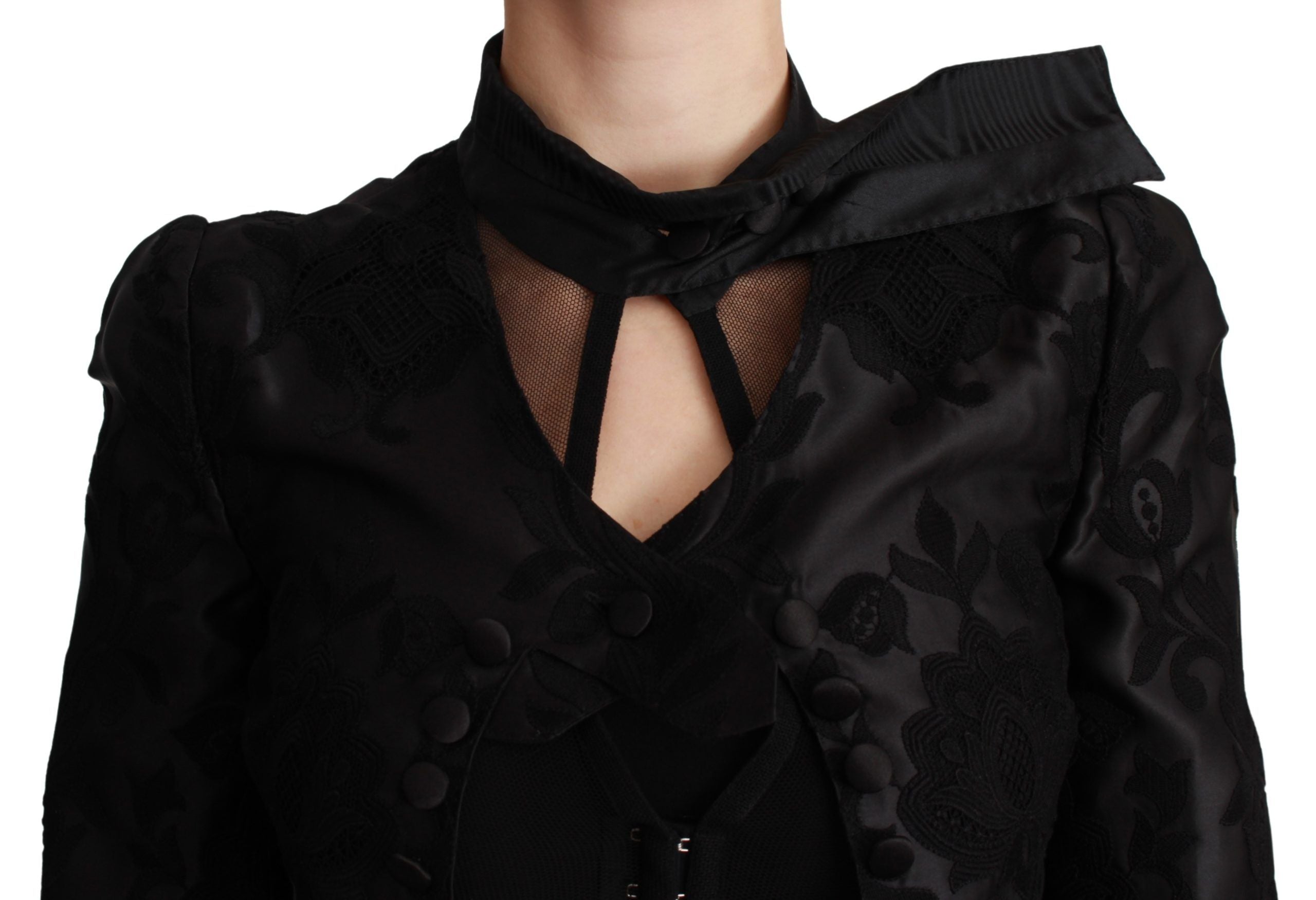 Blazer en jacquard floral noir en soie de Dolce & Gabbana, veste élégante avec motif floral sophistiqué.