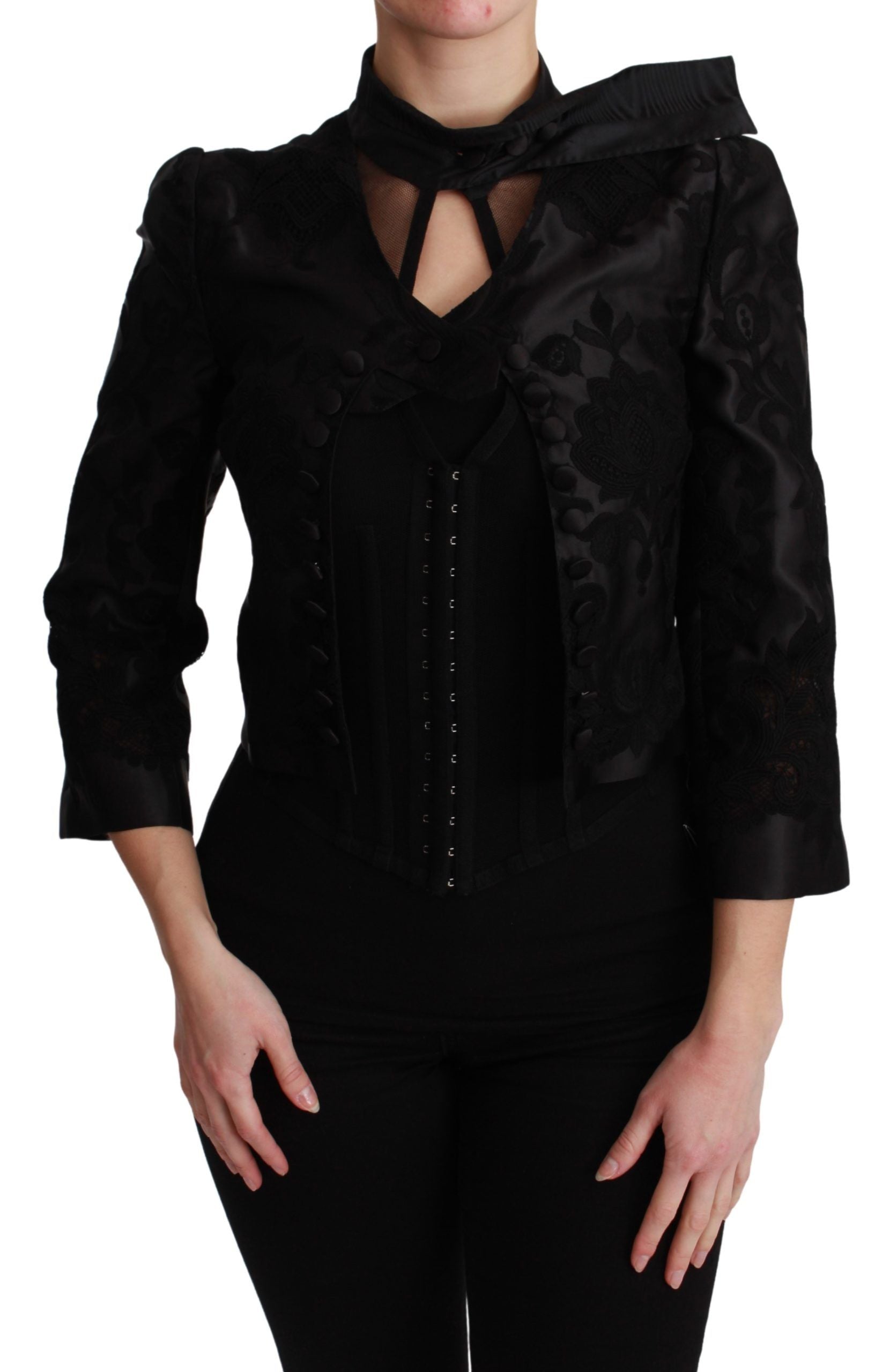 Blazer en jacquard floral noir en soie de Dolce & Gabbana, veste élégante avec motif floral sophistiqué.