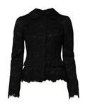 Veste noire en dentelle florale en coton avec col, par Dolce & Gabbana, affichant un design élégant et sophistiqué.