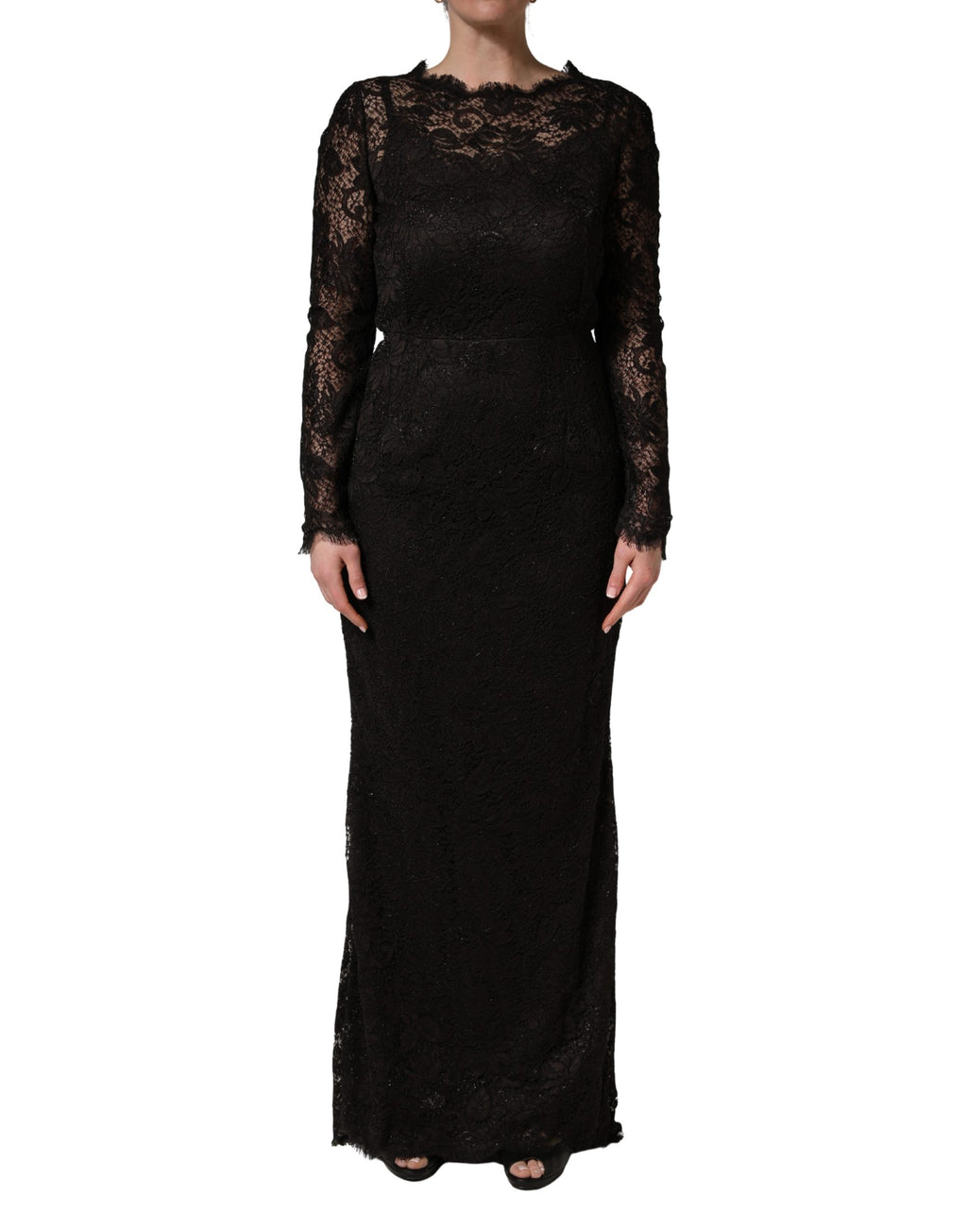 Robe longue noire Dolce & Gabbana en dentelle florale, robe cache-cœur élégante pour femme.
