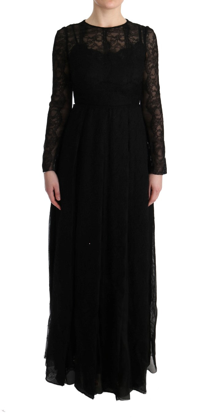 Robe de soirée en soie noire avec dentelle florale, coupe ajustée, de la marque Dolce & Gabbana, vue de face.