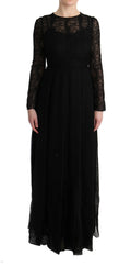 Robe de soirée en soie noire avec dentelle florale, coupe ajustée, de la marque Dolce & Gabbana, vue de face.