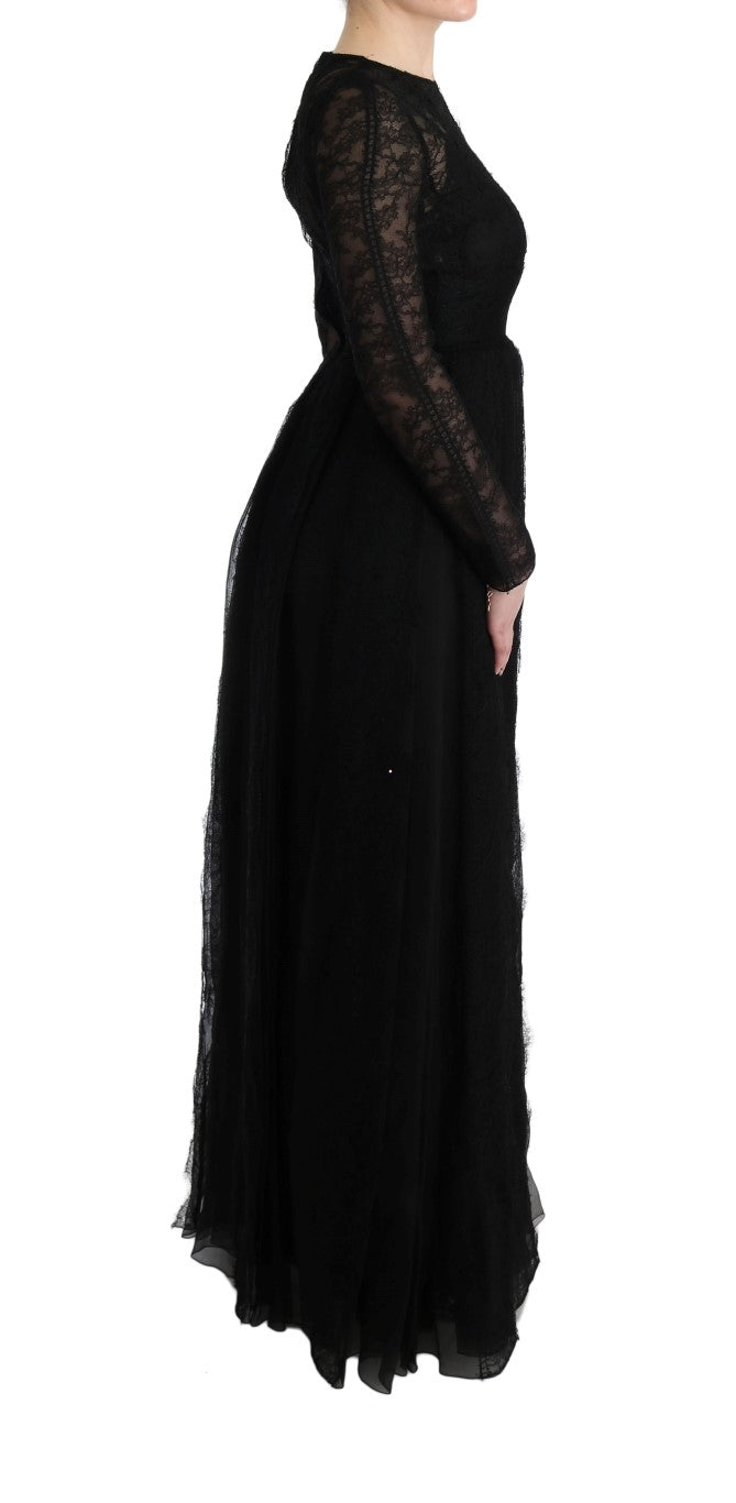 Robe fourreau en soie noire à fleurs en dentelle Dolce & Gabbana, élégante et sophistiquée, visible dans l'image.