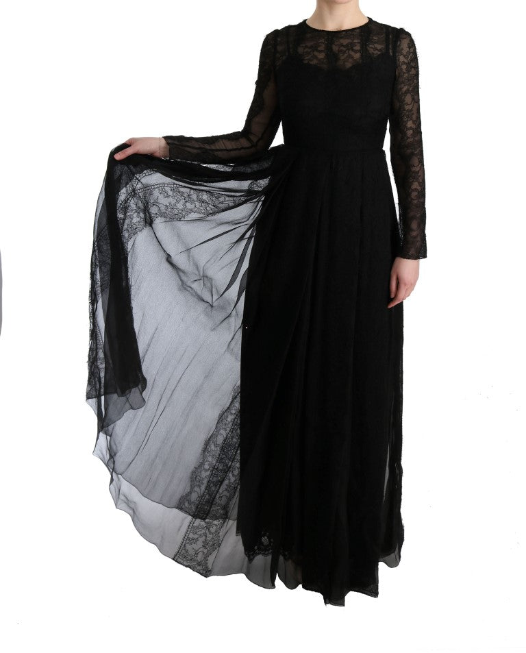 Robe noire en dentelle florale en soie de Dolce & Gabbana, robe cintrée élégante avec détails délicats.