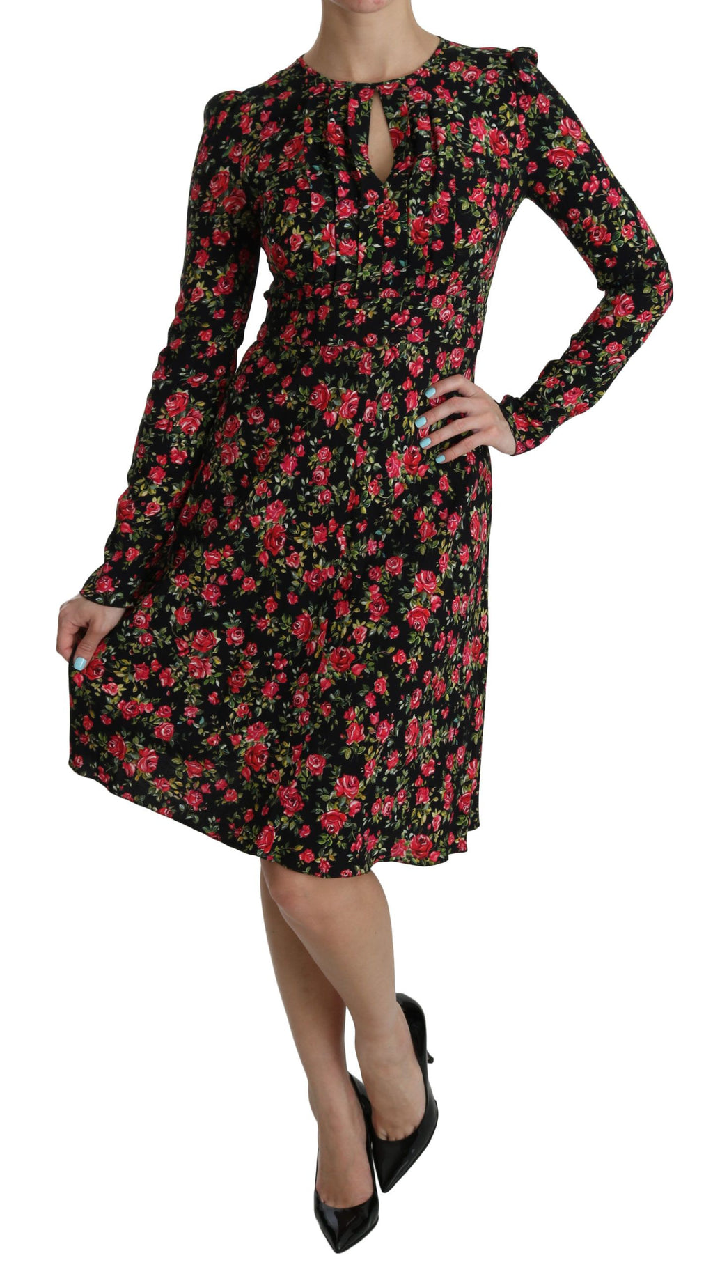 Robe longue noire à fleurs Dolce & Gabbana avec manches longues et longueur au genou, élégante et sophistiquée.