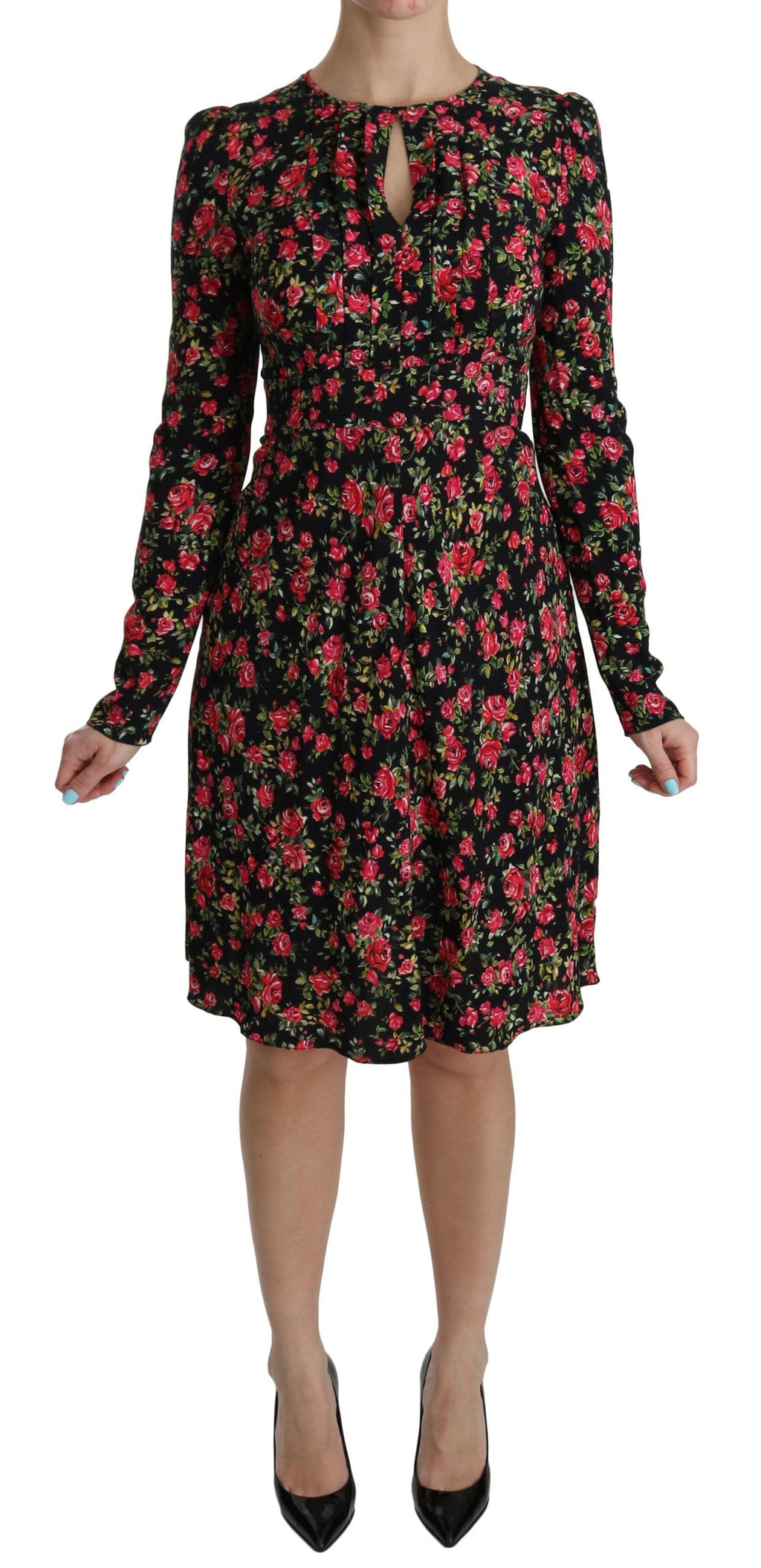 Robe longue à manches longues Dolce & Gabbana noire à fleurs, longueur genou, tissu élégant et design floral sophistiqué.