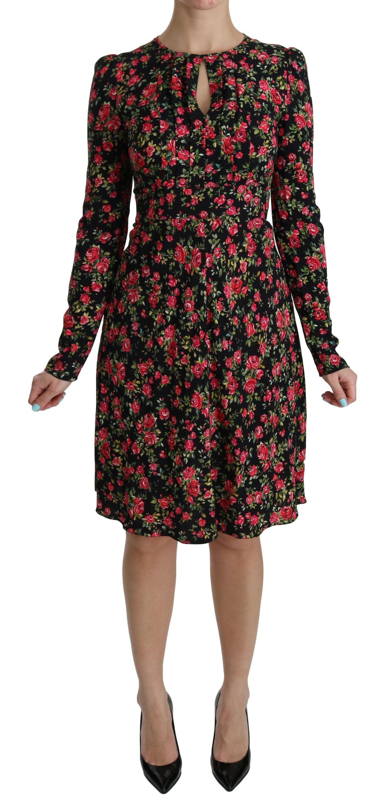Robe longue à manches longues Dolce & Gabbana noire à fleurs, longueur genou, tissu élégant et design floral sophistiqué.
