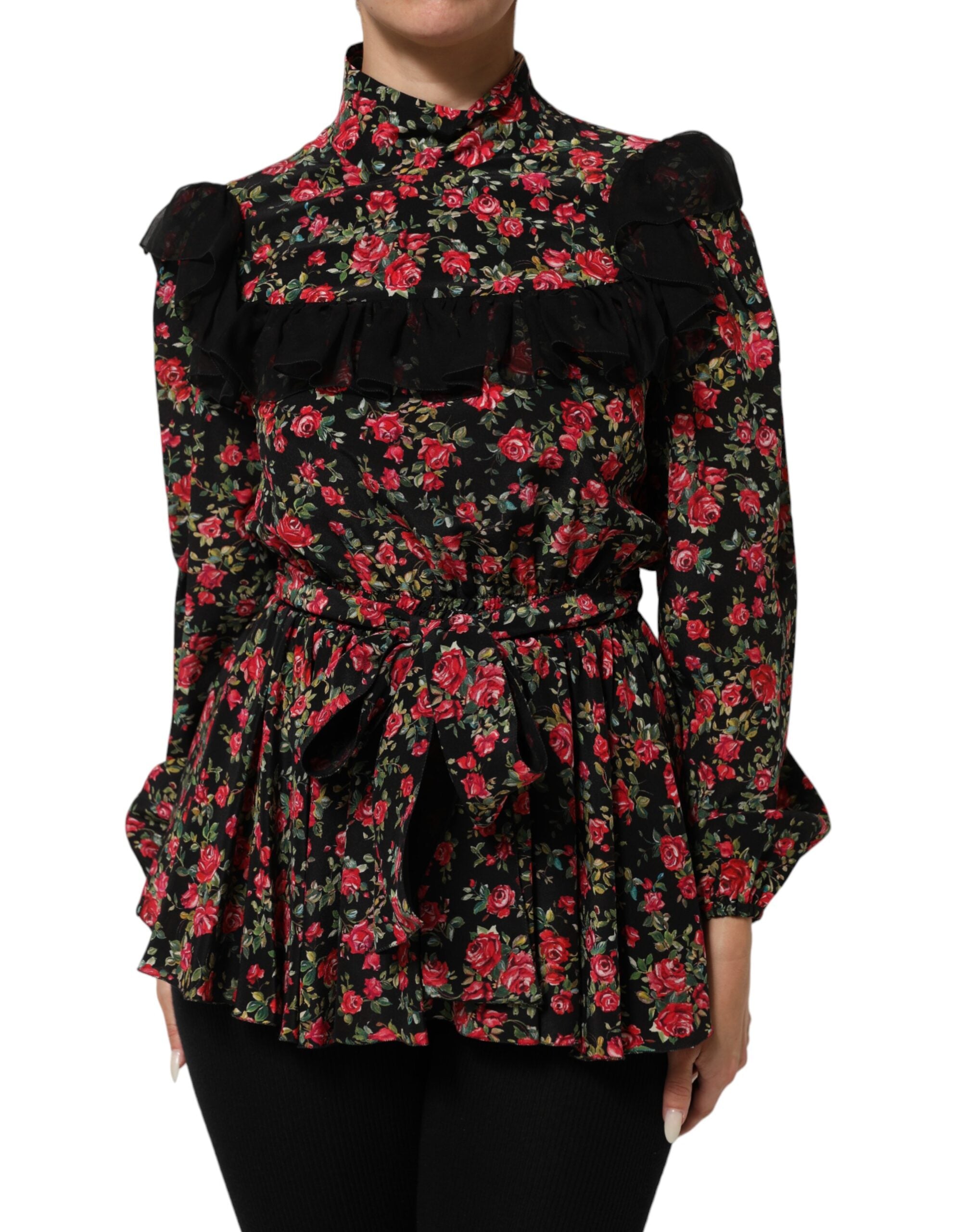 Chemisier à manches longues Dolce & Gabbana avec imprimé floral noir, détails élégants et tissu léger.