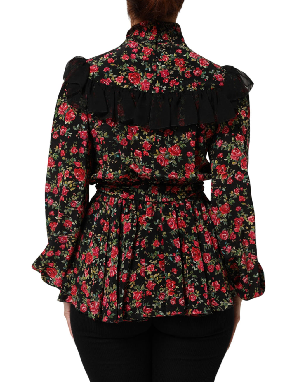 Chemisier noir Dolce & Gabbana à fleurs, à manches longues, avec motif floral élégant.