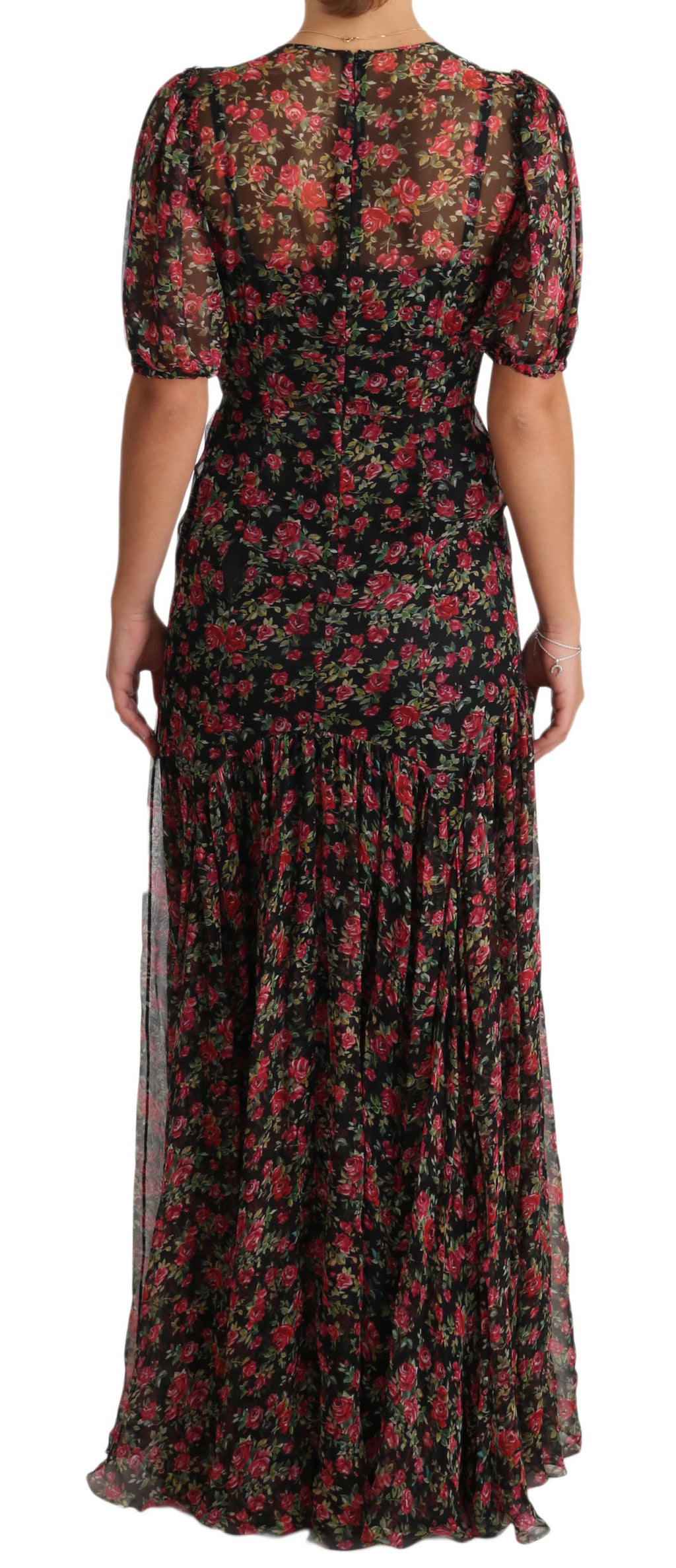 Robe de soirée noire Dolce & Gabbana avec motifs floraux de roses, coupe évasée et style élégant.