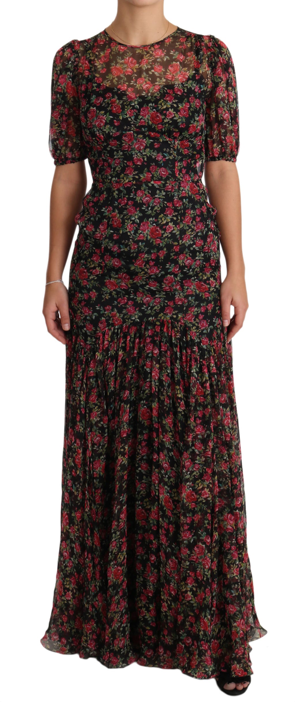 Robe noire Dolce & Gabbana à fleurs roses, coupe évasée en ligne A, vêtement élégant et floral.