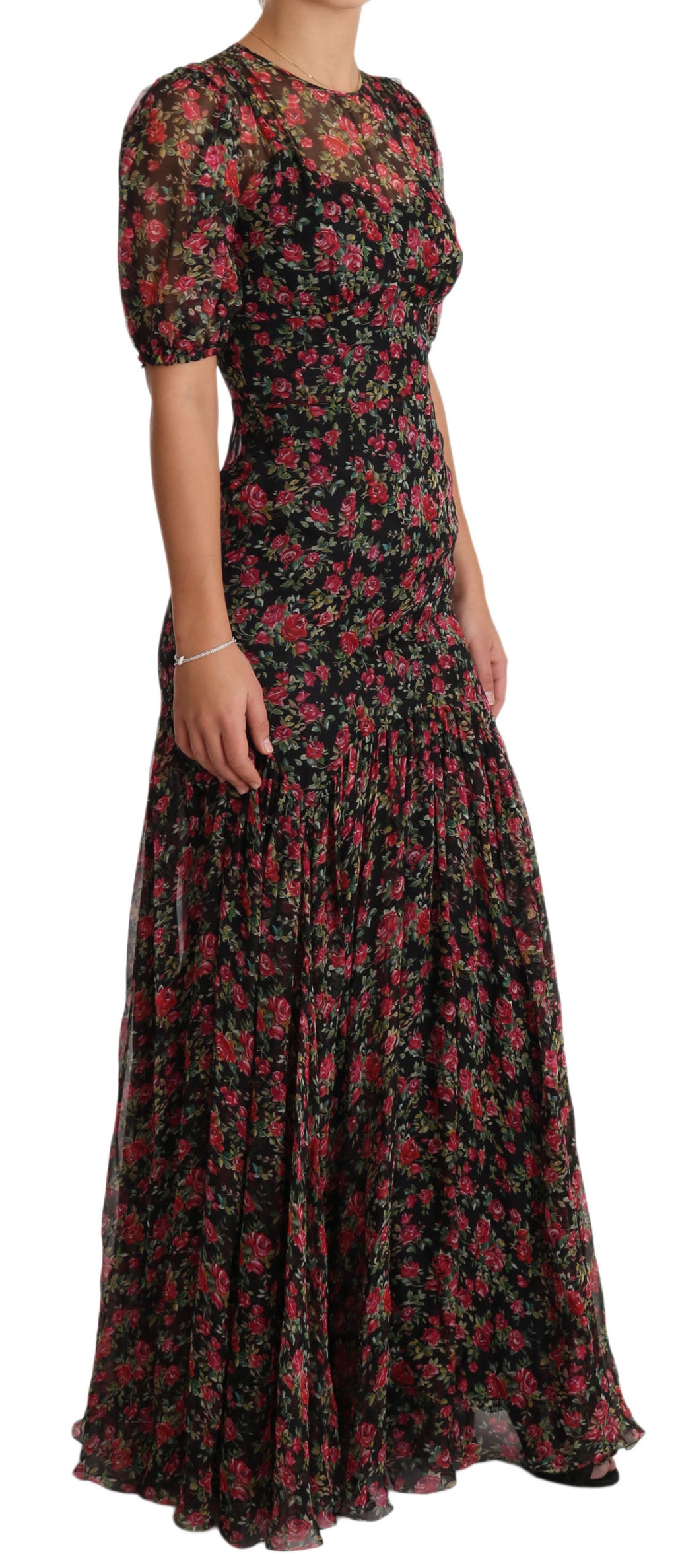 Robe noire Dolce & Gabbana à fleurs roses, coupe évasée et style chemise shift, vue de face.