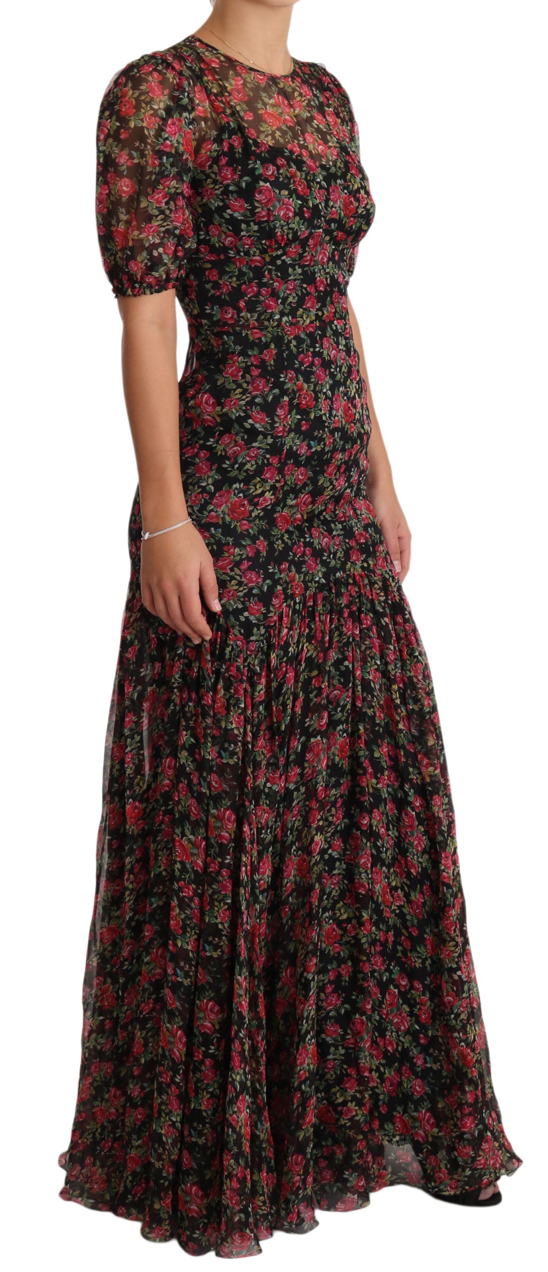 Robe noire Dolce & Gabbana à fleurs roses, coupe évasée et style chemise shift, vue de face.