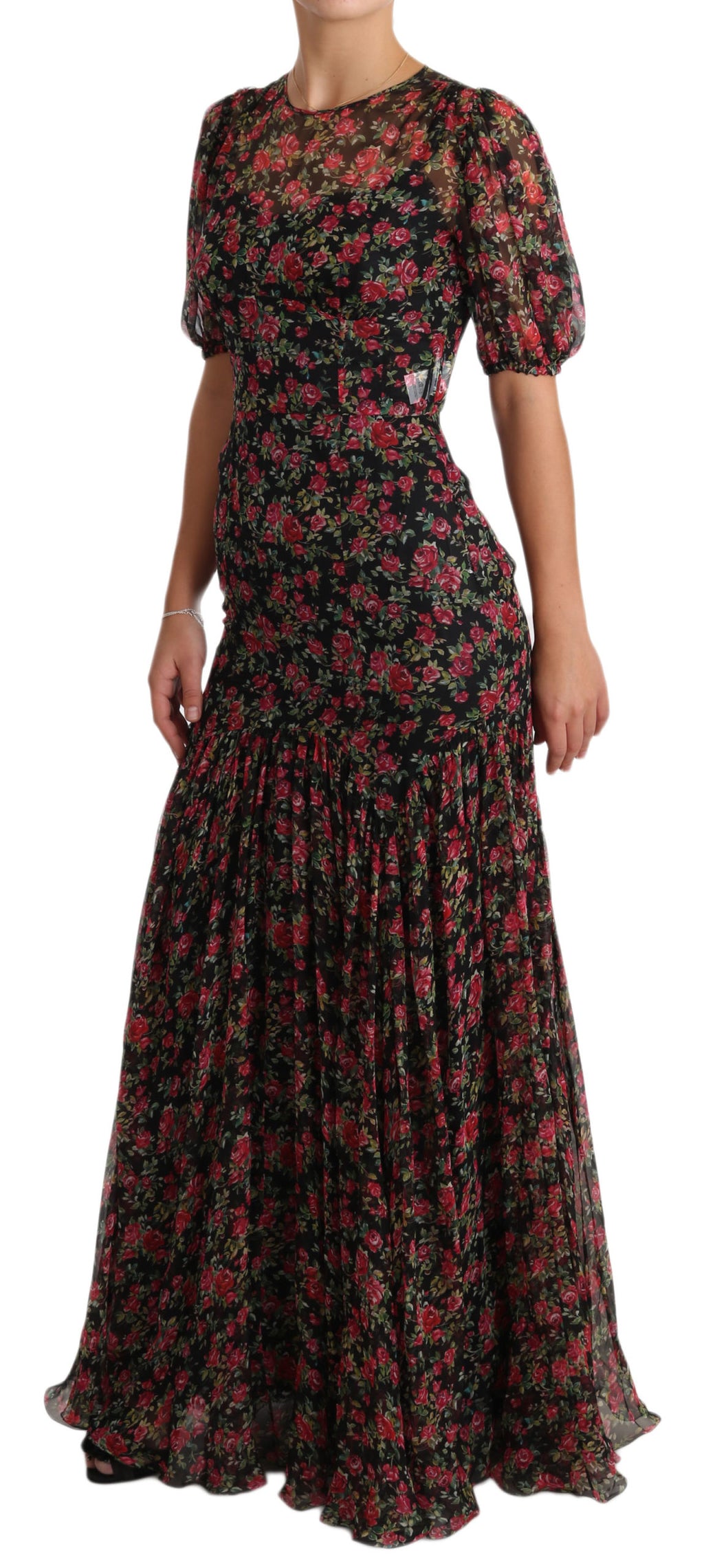 Robe Dolce & Gabbana noire à fleurs roses, coupe évasée en ligne A, vêtement élégant avec motif floral.