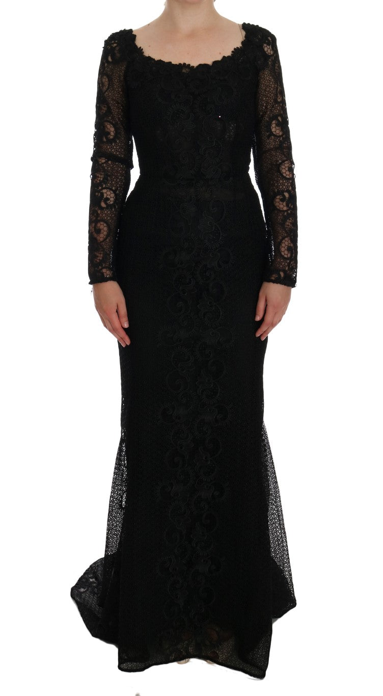 Robe fourreau noire à motifs floraux Dolce & Gabbana, élégante et sophistiquée, portée sur un mannequin.