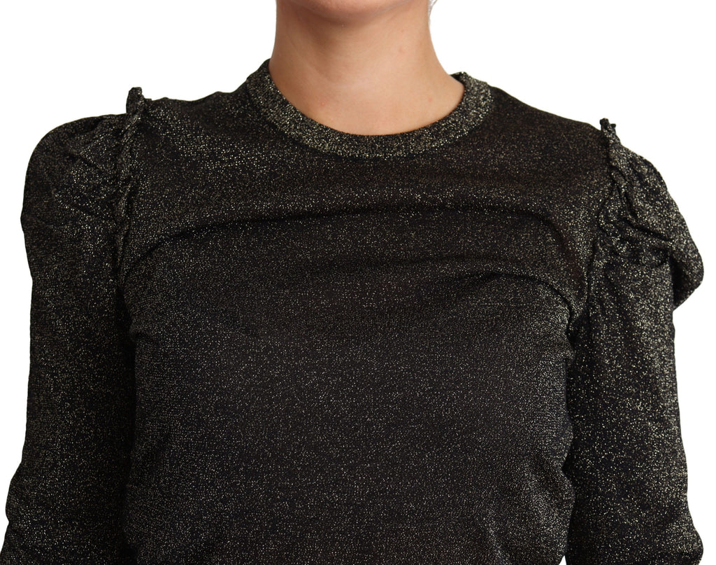 Pull à manches courtes Dolce & Gabbana noir et or, coupe courte, pull pour femmes avec détails élégants visibles.