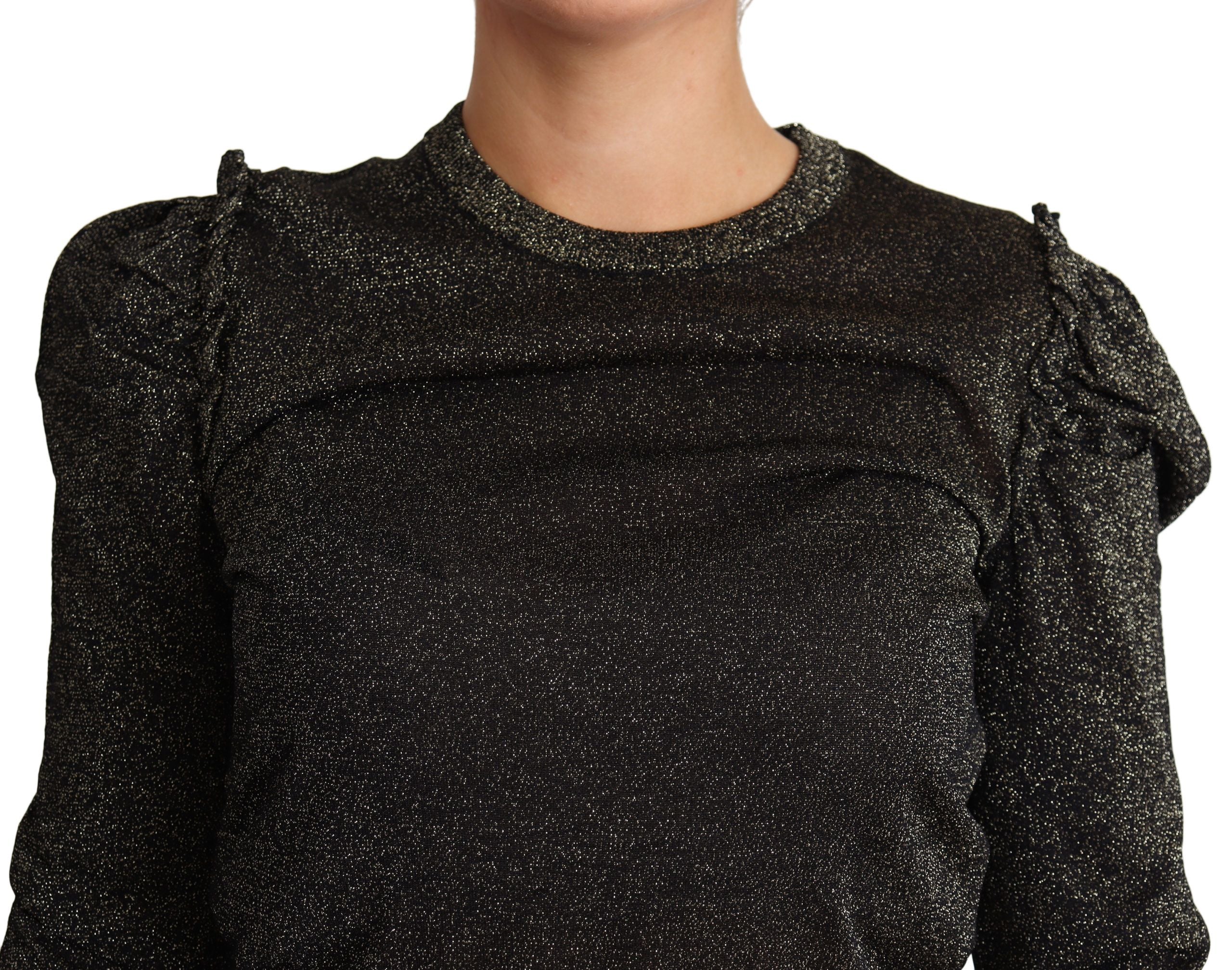 Pull à manches courtes Dolce & Gabbana noir et or, coupe courte, pull pour femmes avec détails élégants visibles.