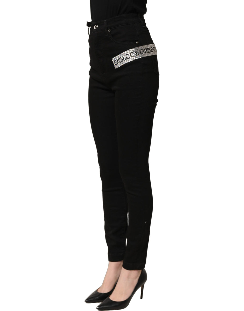 Jeans en denim noir Dolce & Gabbana Grace avec taille haute et détails en strass, vue de face.