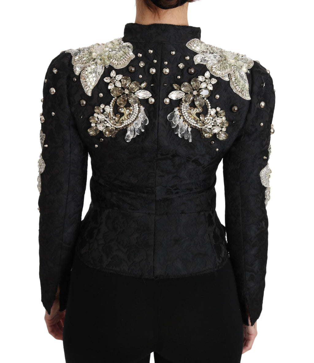 Veste en jacquard noir Dolce & Gabbana avec broderie florale en cristaux, élégante et sophistiquée, vue de face.
