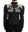 Veste en jacquard noir Dolce & Gabbana avec broderie florale en cristaux, élégante et sophistiquée, vue de face.