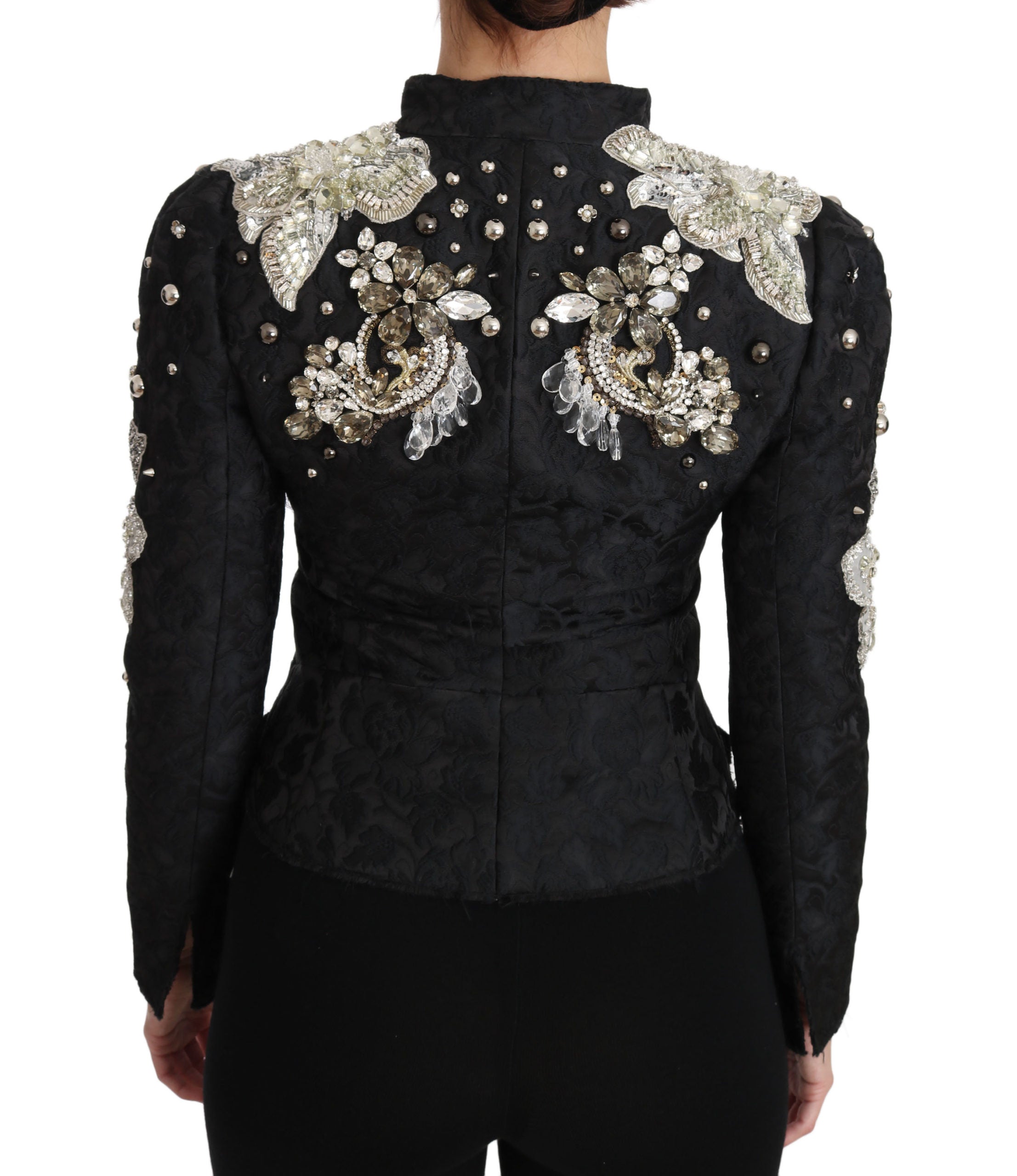 Veste en jacquard noir Dolce & Gabbana avec broderie florale en cristaux, élégante et sophistiquée, vue de face.