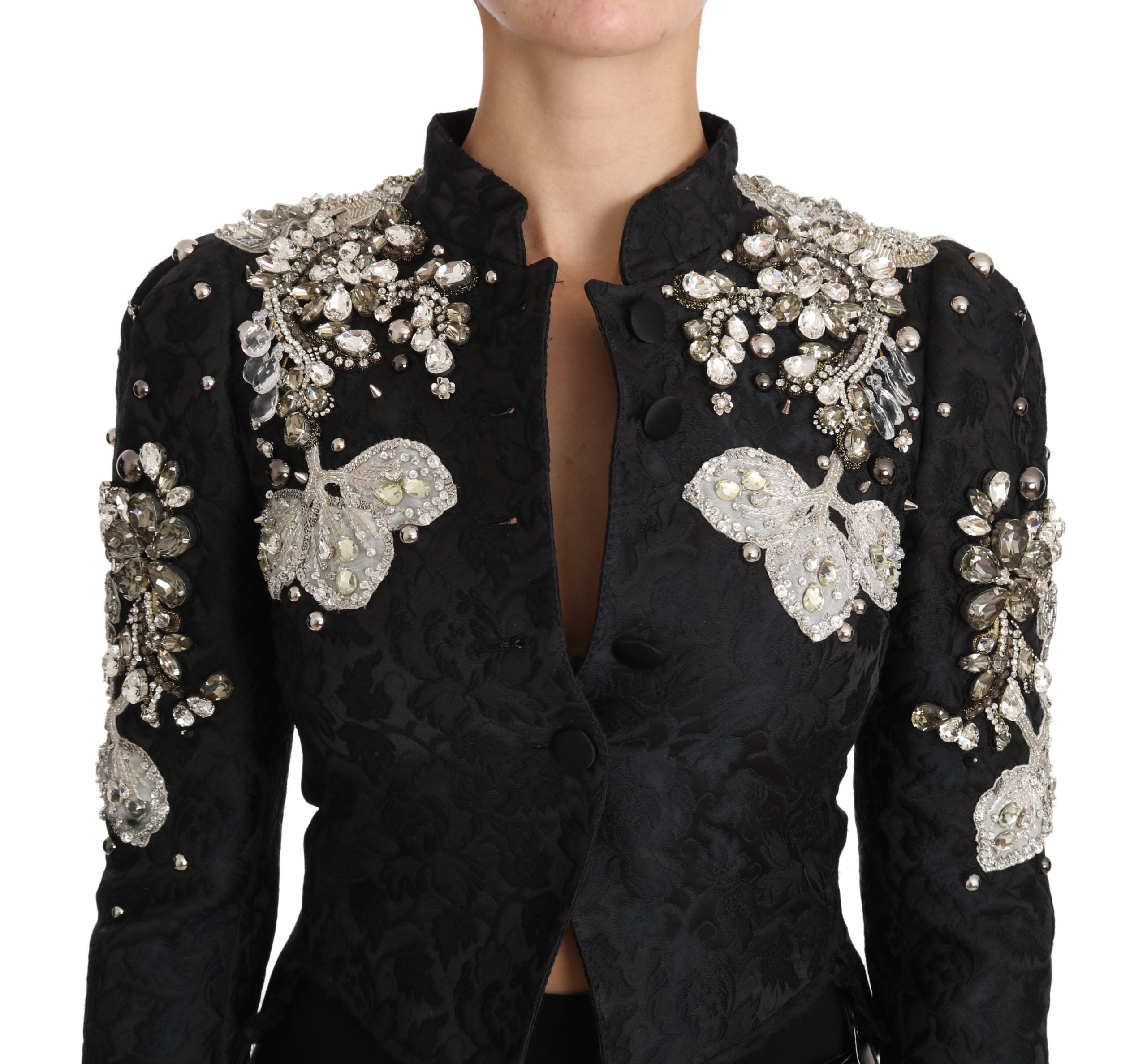 Veste en jacquard noir Dolce & Gabbana avec détails en cristaux floraux, élégante et luxueuse, vue de face.