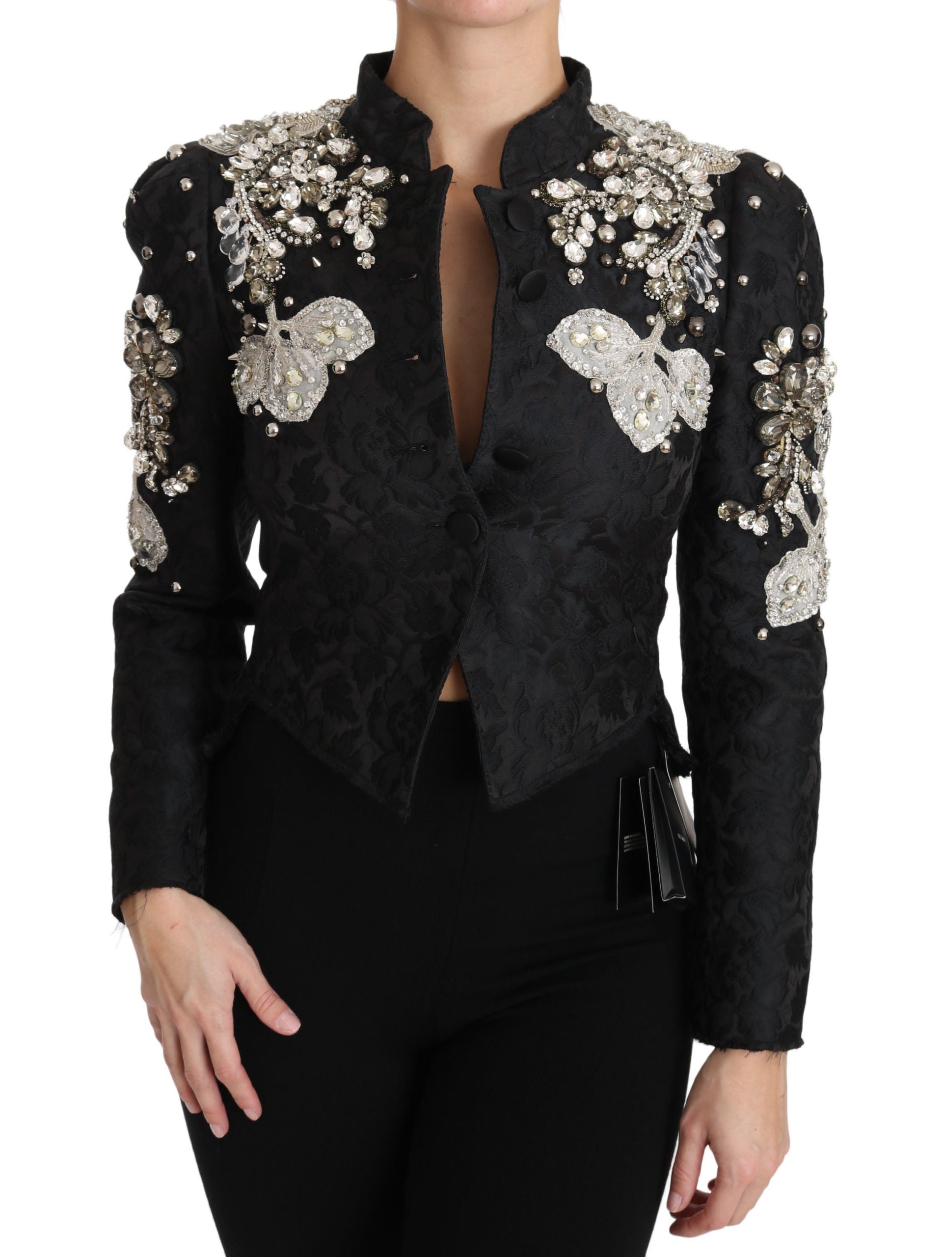 Veste en jacquard noir Dolce & Gabbana avec broderie florale en cristaux, élégante et sophistiquée.