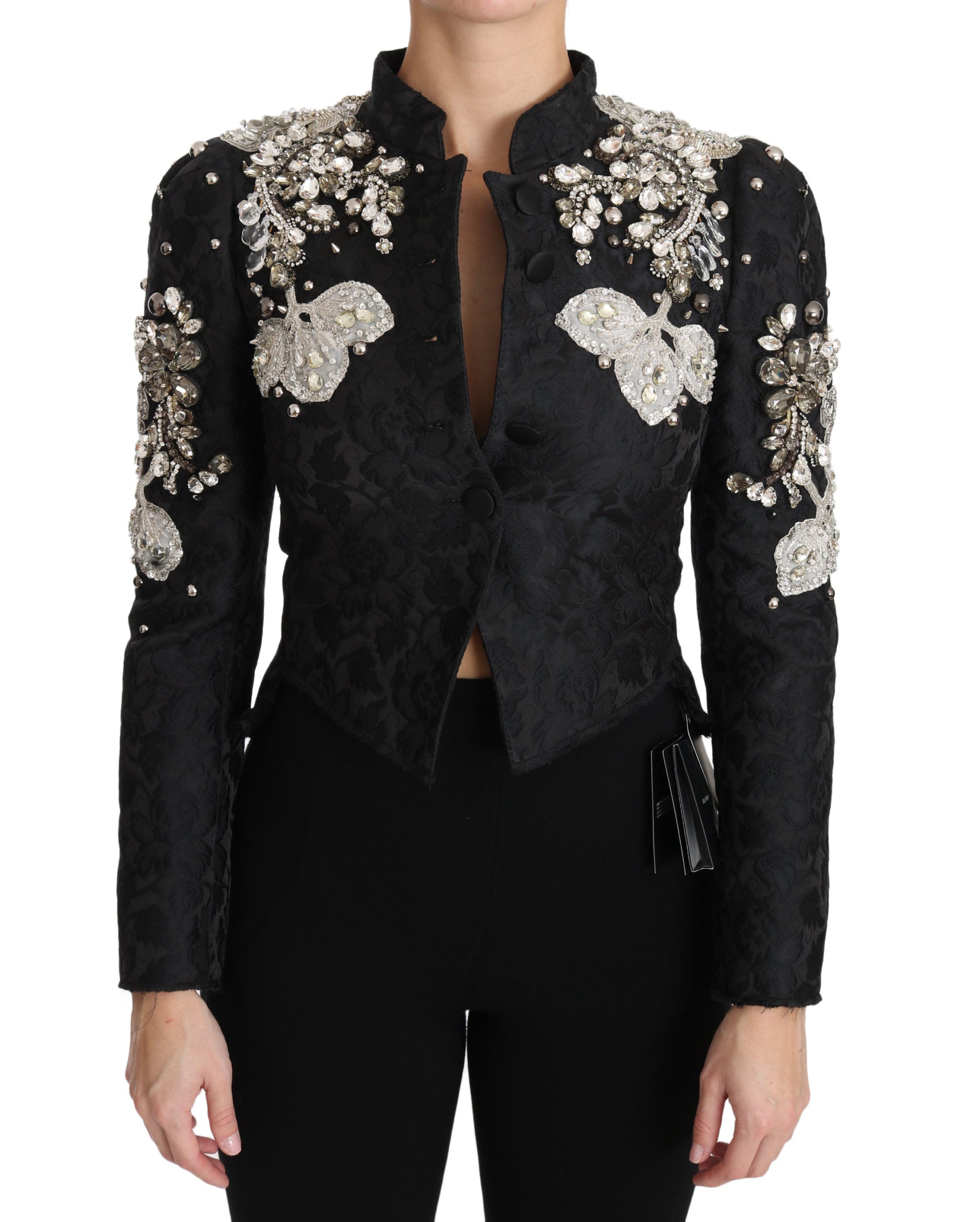 Veste en jacquard noir Dolce & Gabbana avec broderie florale en cristaux, élégante et sophistiquée.