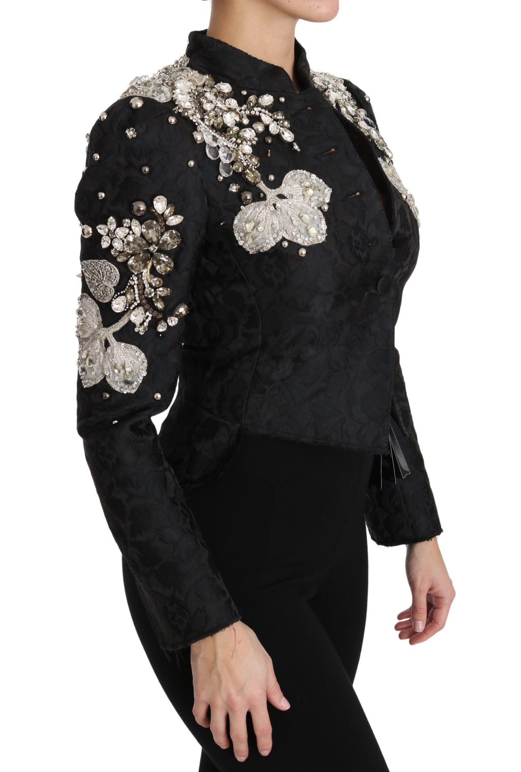 Veste en jacquard noir Dolce & Gabbana avec broderies florales en cristal, élégante et sophistiquée.
