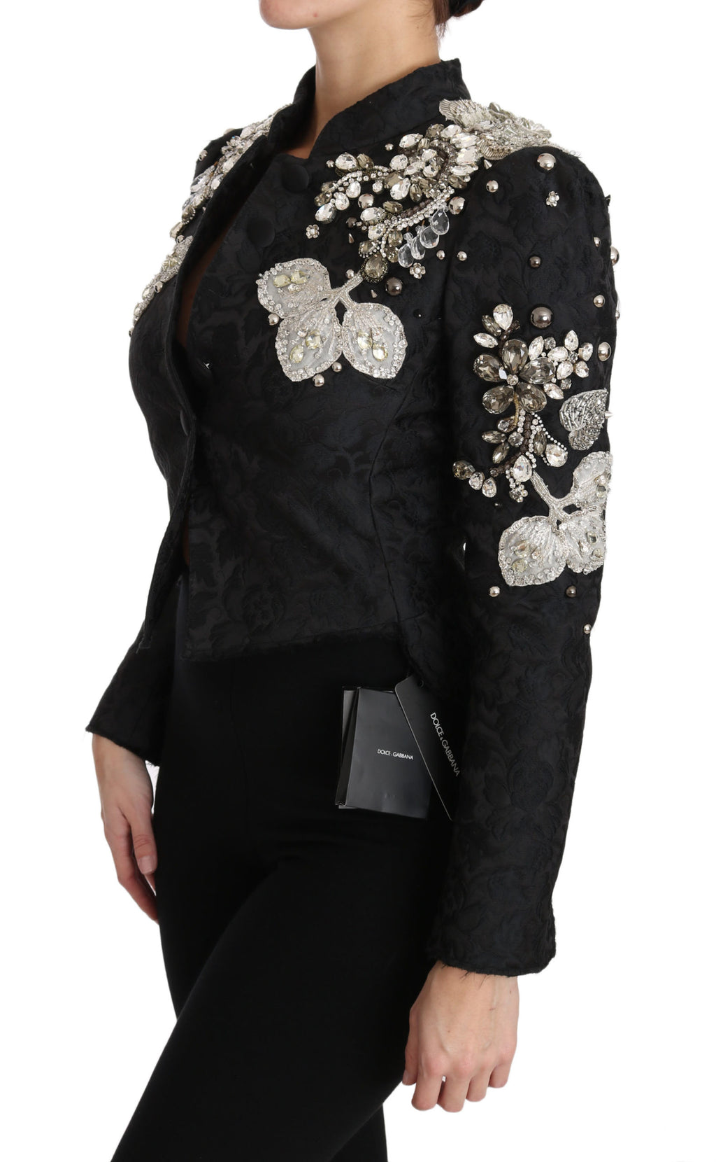 Veste en jacquard noir Dolce & Gabbana avec broderies florales en cristal, élégante et sophistiquée.