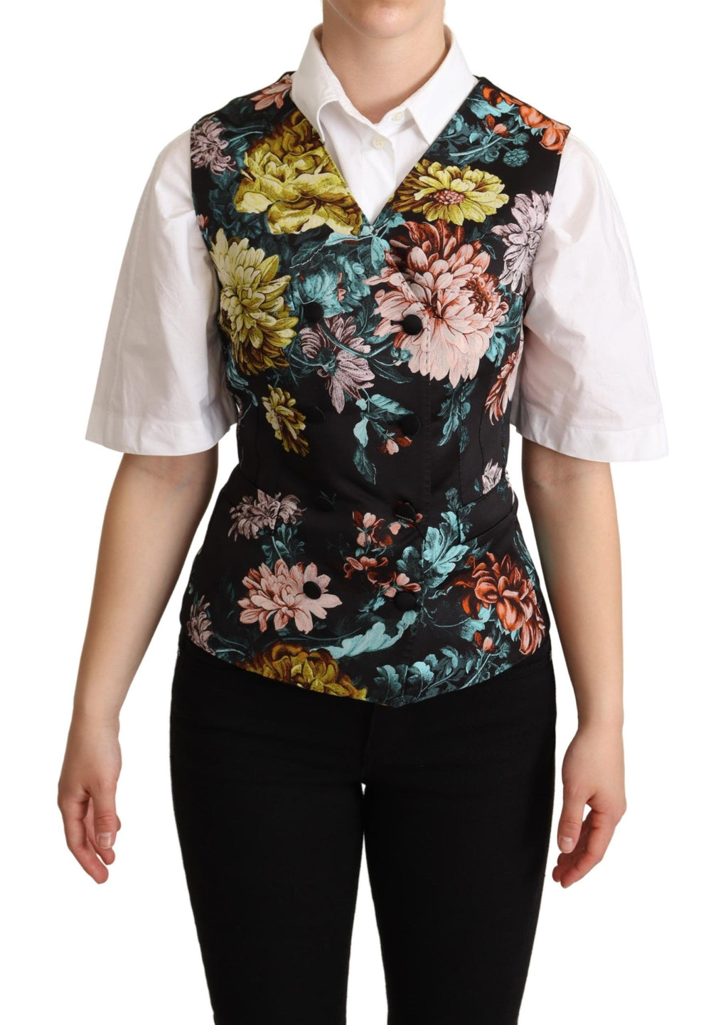 Gilet en jacquard floral noir de Dolce & Gabbana, veste cintrée élégante avec motifs floraux sophistiqués.