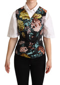 Gilet en jacquard floral noir de Dolce & Gabbana, veste cintrée élégante avec motifs floraux sophistiqués.